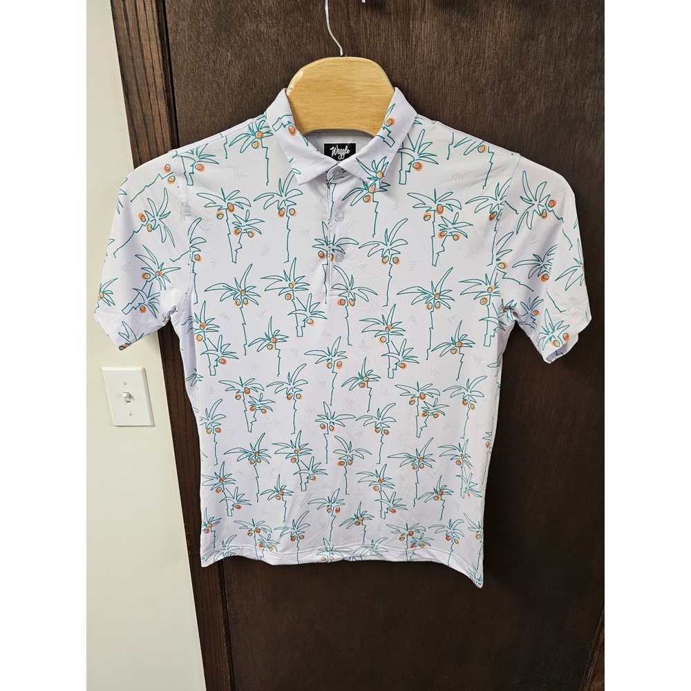 Waggle Golf Polo Mens Large White Palm Tree Print Short Sleeve Performance Shirt